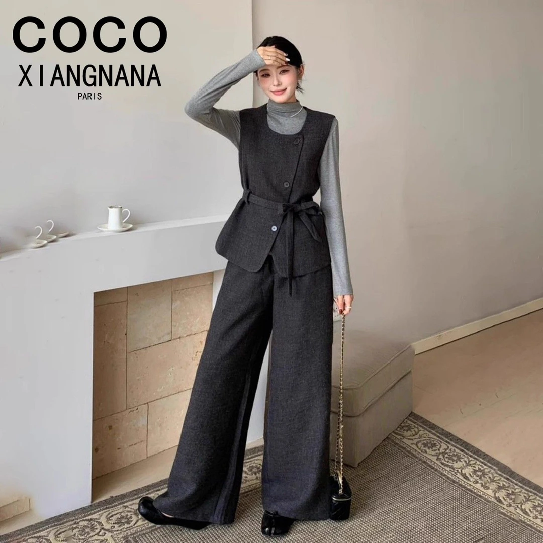 A3127时尚套装女2025秋季新款洋气显瘦马甲打底衫阔腿裤三件套