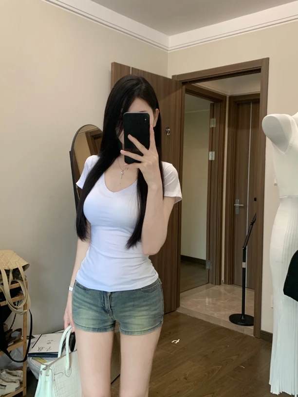 正肩修身短袖T恤女2025夏新款超好看绝美漂亮上衣