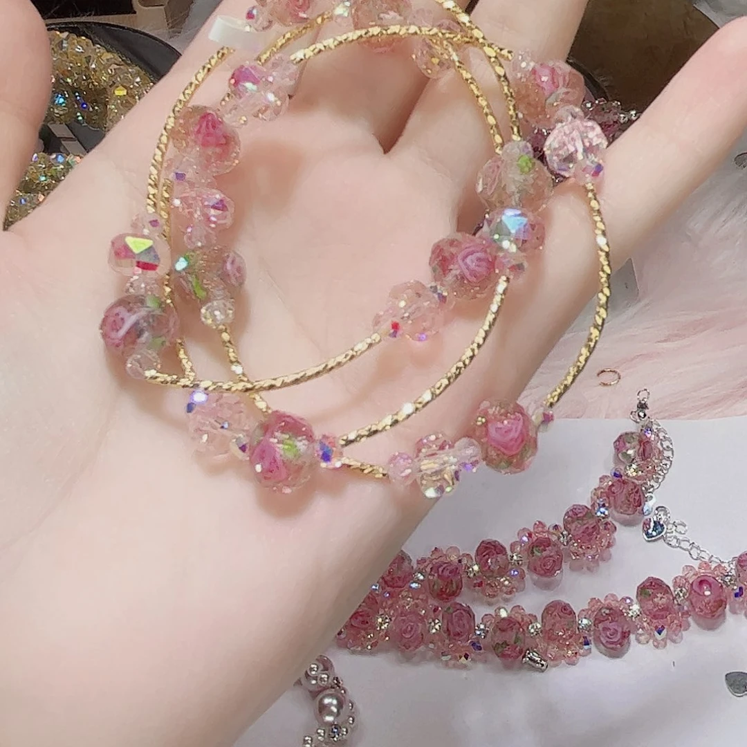 锆石钛钢粉色手链