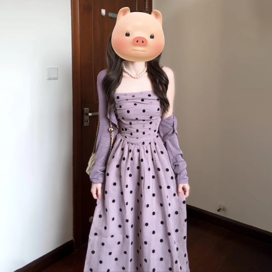 2025新款巨好看紫色波点吊带连衣裙子女早秋法式绝美掐腰套装长裙