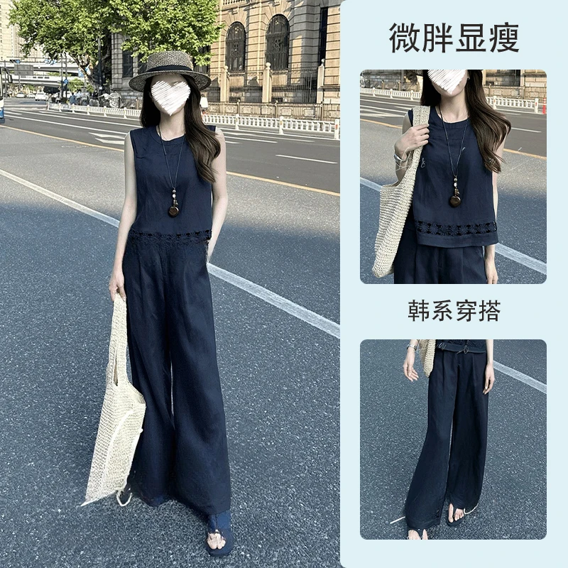 休闲简约大码胖MM夏季新款慵懒风复古无袖上衣宽松阔腿裤套装