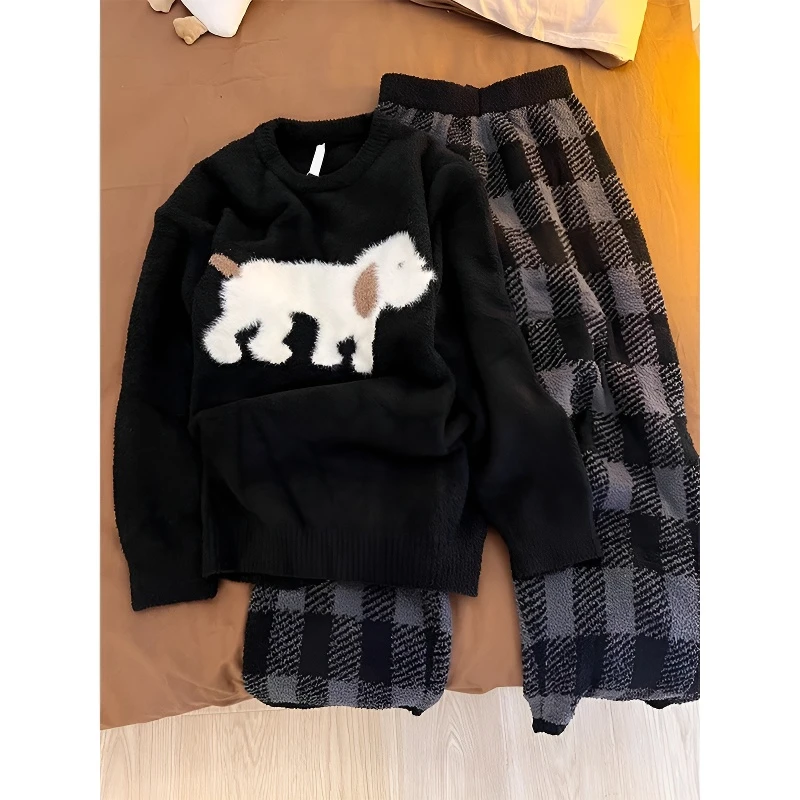 韩系毛绒针织圆领加厚睡衣女秋冬季新款加厚家居服套装休闲可外穿