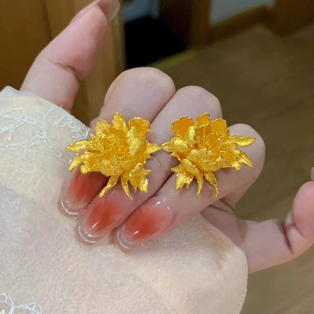 铜合金耳饰 金色牡丹花耳钉国风耳坠古法新中式耳环轻奢秋冬新款