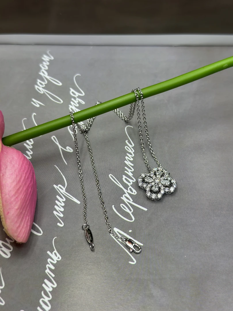 实验室培育钻石18k金镶钻四叶草水滴项链大号K白满钻重金版高级