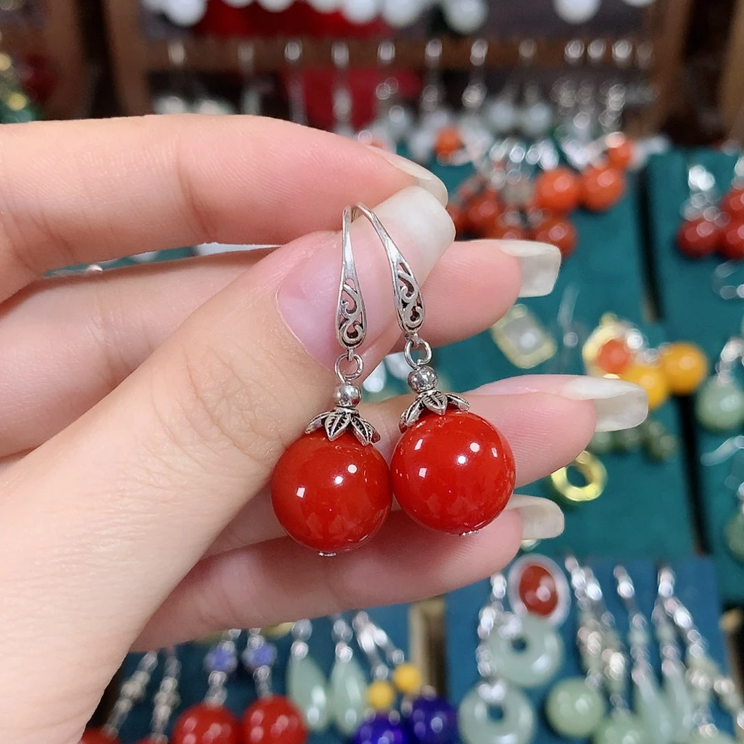 玛瑙/玉髓耳饰银S925镶嵌天然红玛瑙12mm左右（锦红）