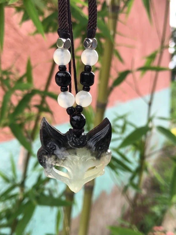 岫玉黑白水墨狐狸面具挂件