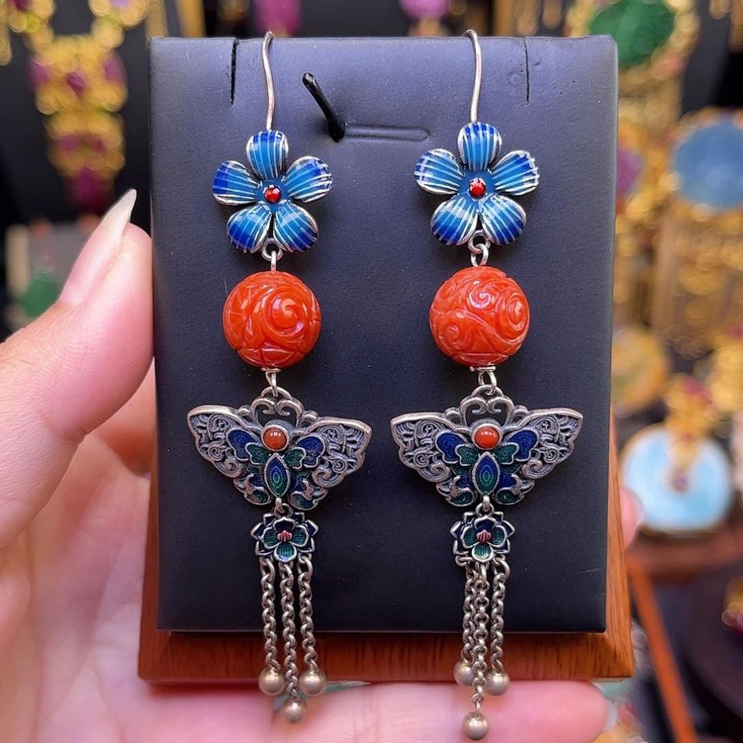 翡翠银S925镶嵌耳坠红翡多宝耳坠