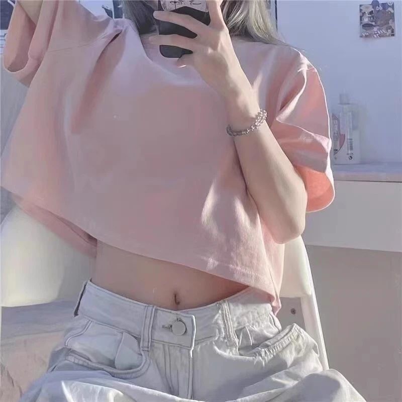 短袖女款爆款2025新款粉色宽松高腰T恤小个子短款小众女装上衣夏
