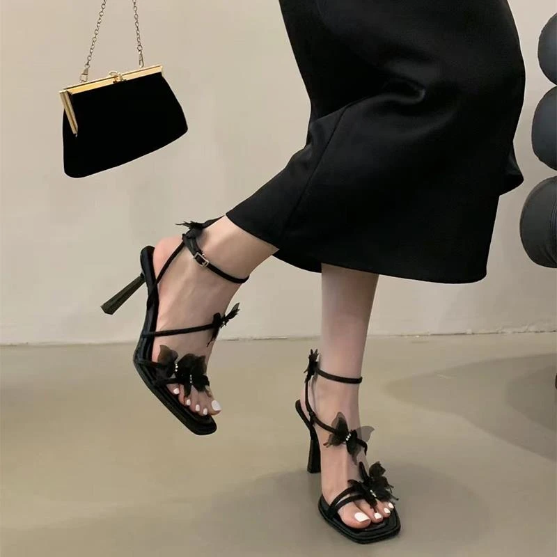 2025夏季新款梦幻网纱蝴蝶细带方头高跟鞋凉鞋细跟女鞋露趾仙女风