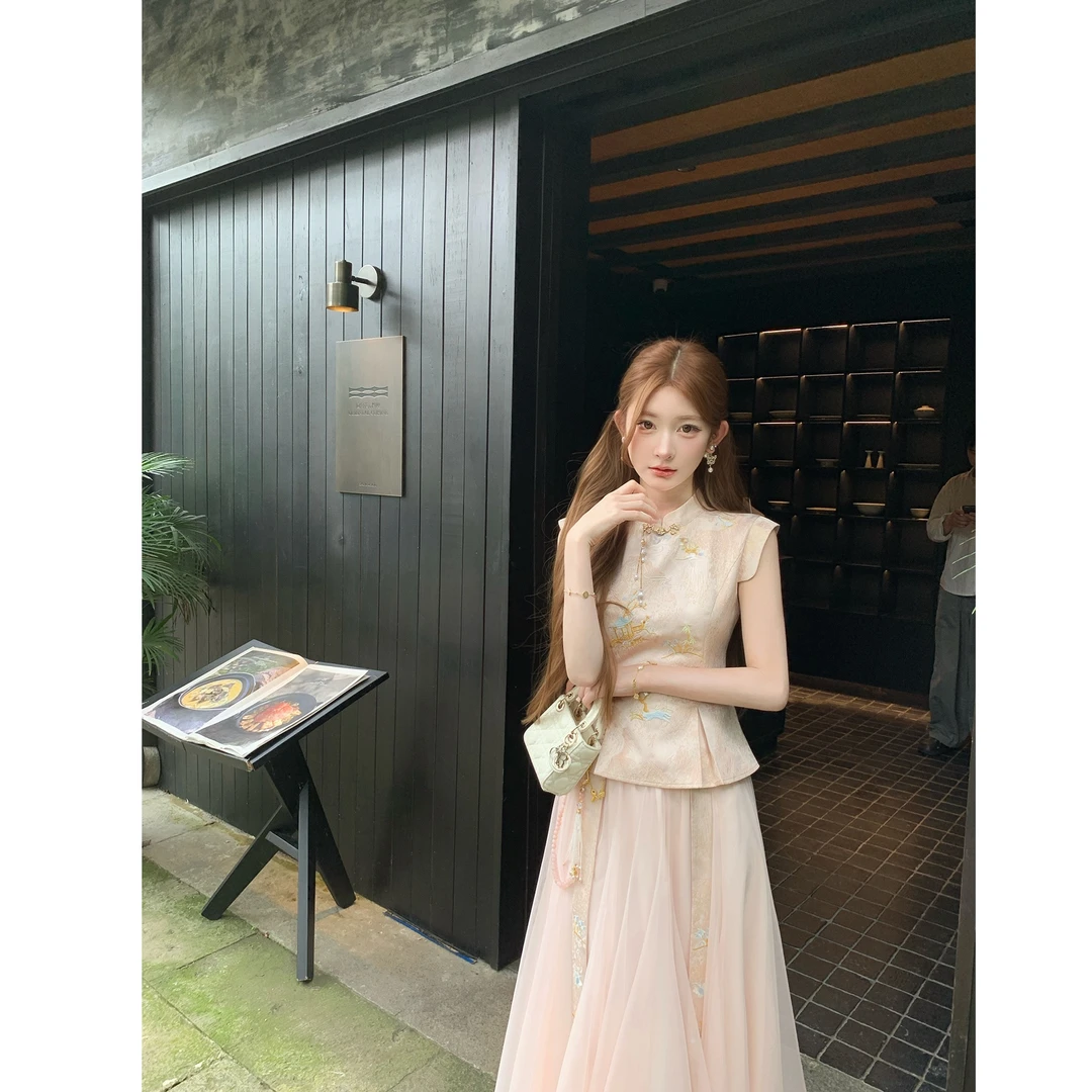 新中式复古气质立领收腰短袖上衣女夏季新款网纱高腰蓬蓬裙两件套