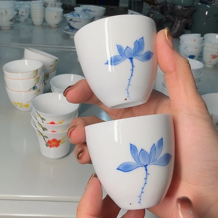 微瑕手绘釉下彩冰种两个60cc荷花