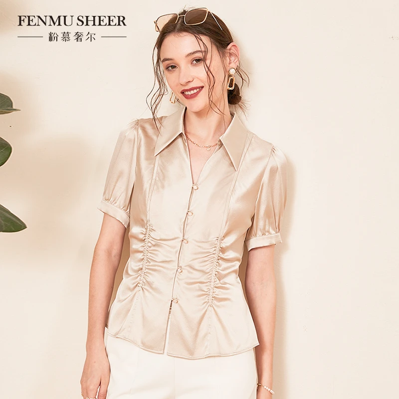 【丽公主专属】粉慕奢尔桑蚕丝抽褶衬衣不规则扣修身显瘦衬衫-G879