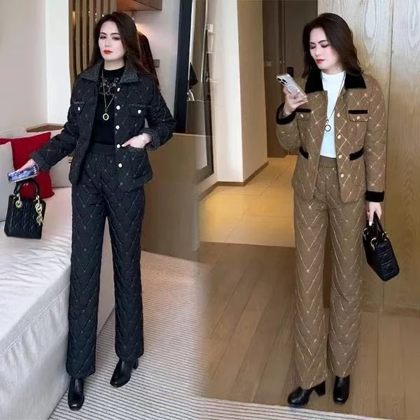 冬季棉服时尚两件套新款加厚保暖加绒上衣气质显瘦直筒裤女装棉袄