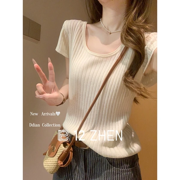 2025夏季韩版气质百搭坑条薄款亚麻设计感纯色针织衫短袖上衣女