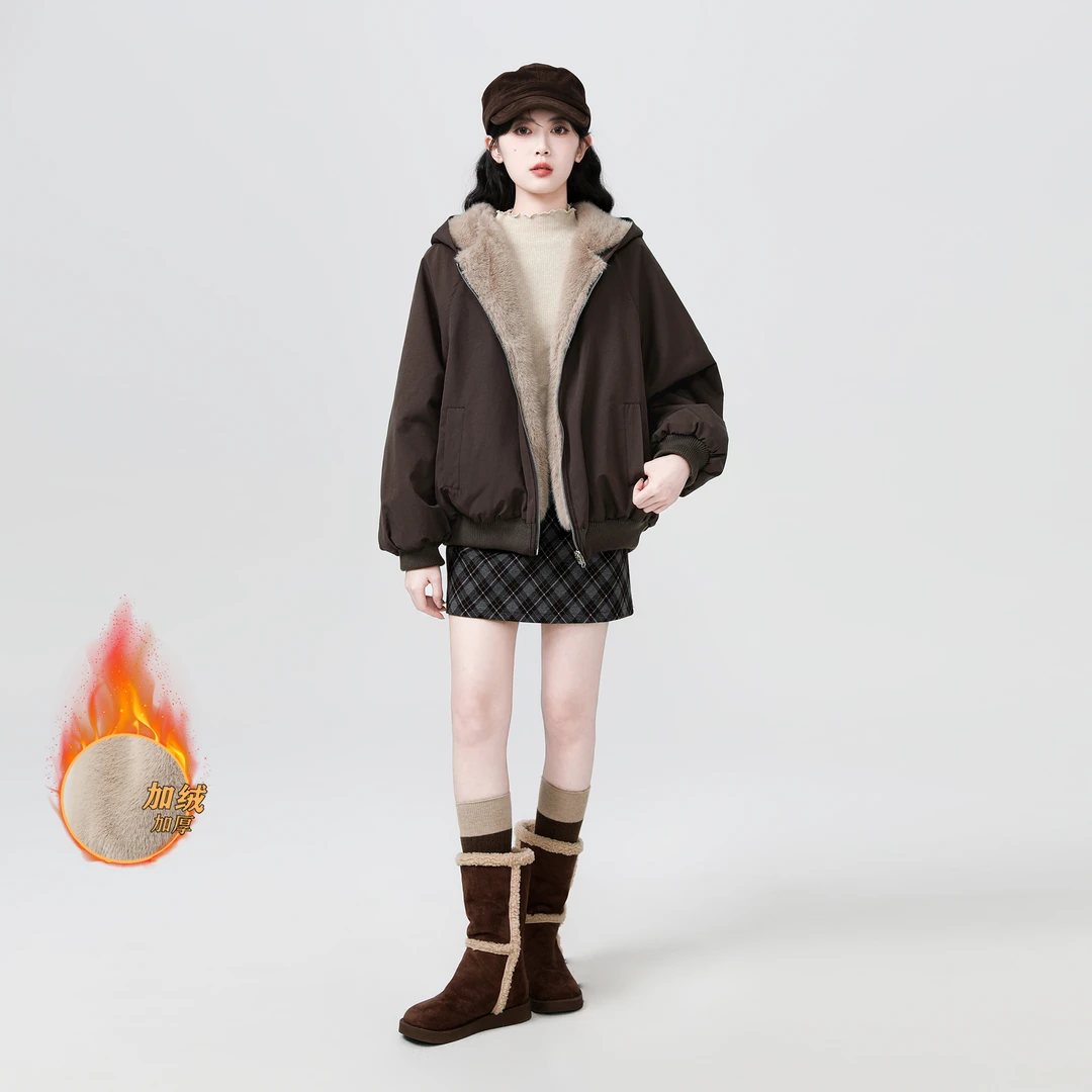加绒加厚咖色连帽棉服女冬季2025新款双面穿仿兔毛棉衣外套短上衣