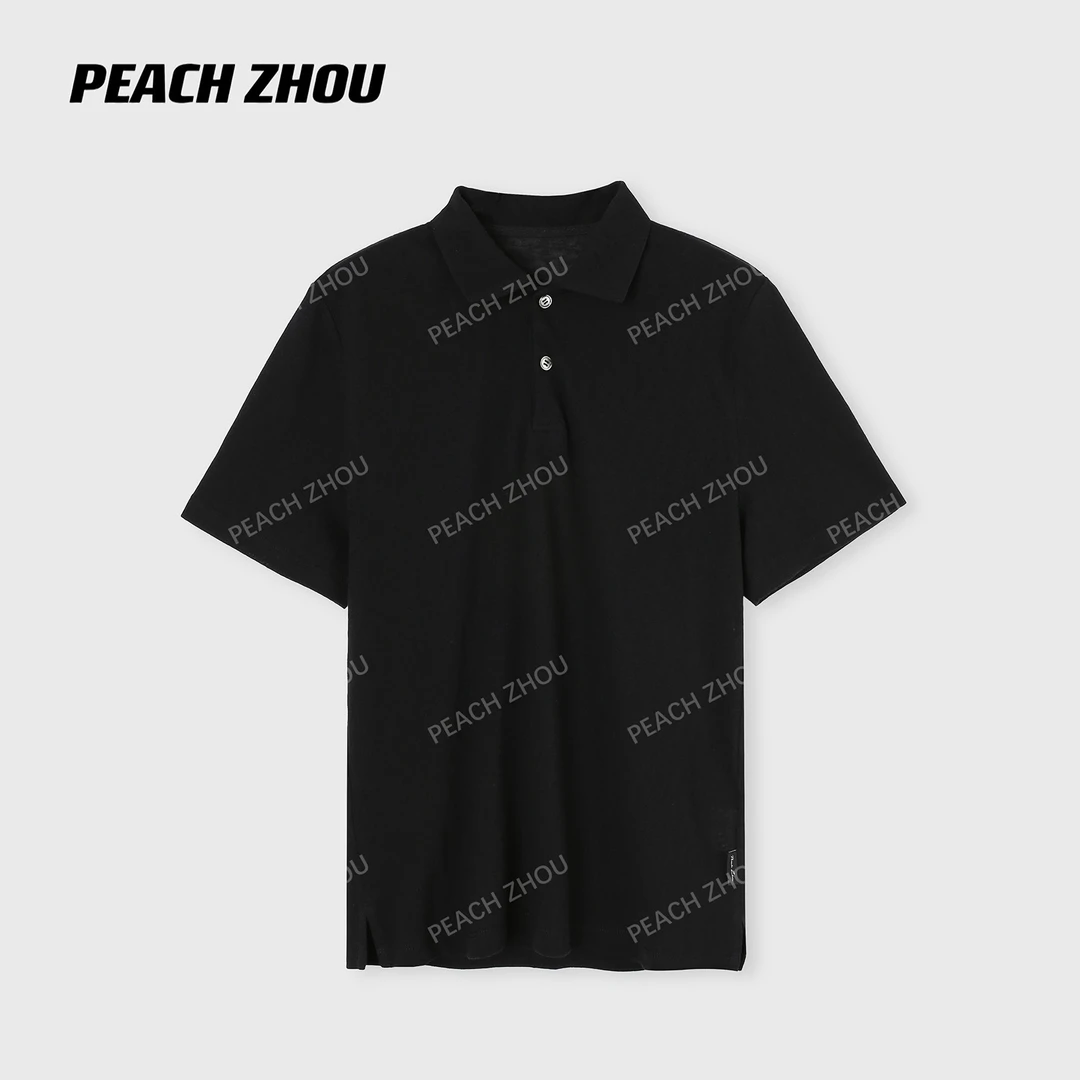 『PEACHZHOU』针织两粒扣宽松翻领POLO衫简约休闲通勤纯色短袖T恤女