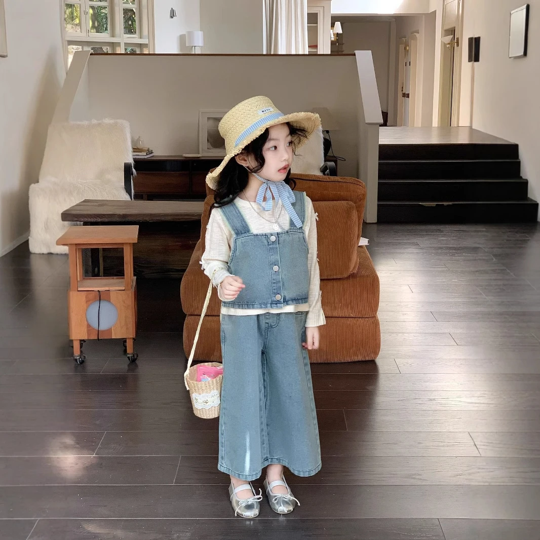 《小思家》女童2025春季新款牛仔吊带＋阔腿裤两件套蝴蝶结打底套装