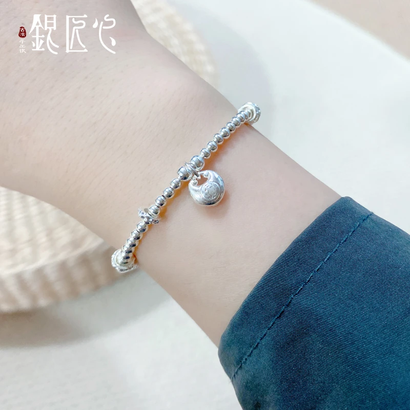 足银手链 银匠心 足银999纯银实心小胖福银珠盘缠足银时尚手链女