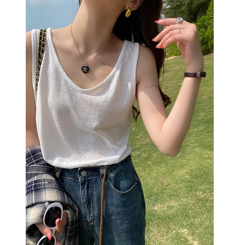 纯欲白色背心女夏季外穿慵懒风宽松无袖V领上衣竹节棉打底小吊带