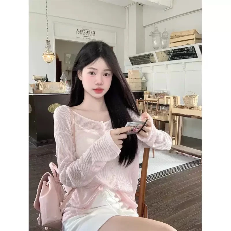 设计感后背镂空系带粉色T恤长袖防晒罩衫女夏季小众显瘦薄款上衣