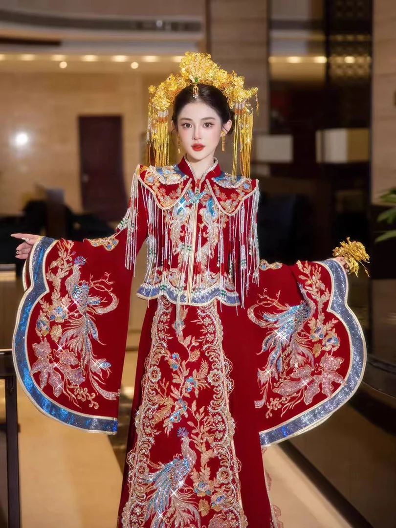 重工红蓝撞色秀禾服新娘2025新款高端中式婚服龙凤褂凤冠霞帔汉服