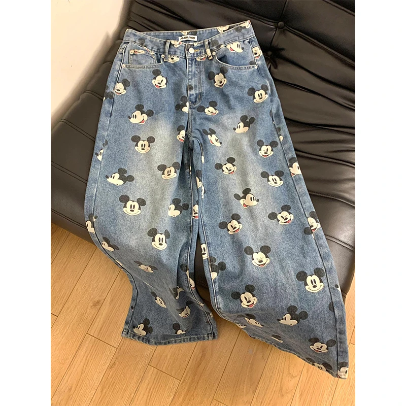 大码米奇街头造型感显瘦牛仔裤女夏季新款高腰直筒垂感印花阔腿裤