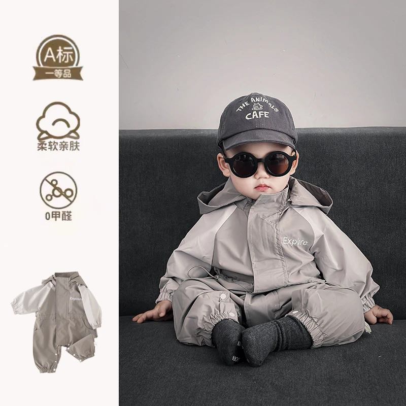 婴儿春装男宝宝春秋连体衣外套春季衣服小月龄哈衣户外冲锋衣爬服