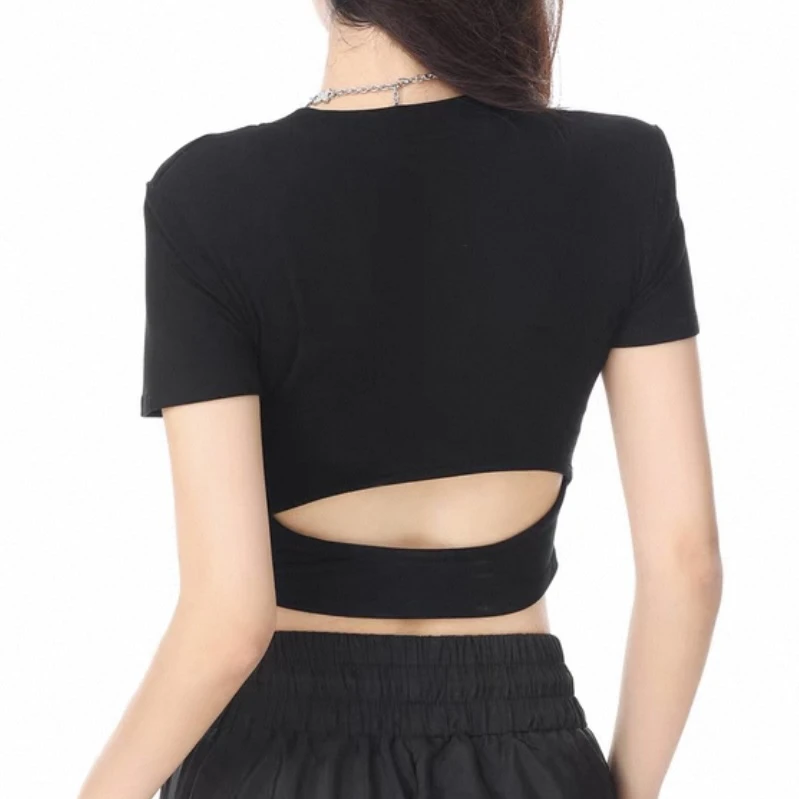 【北北】短袖女2025新款纯棉t恤夏季显瘦设计感露背短款上衣