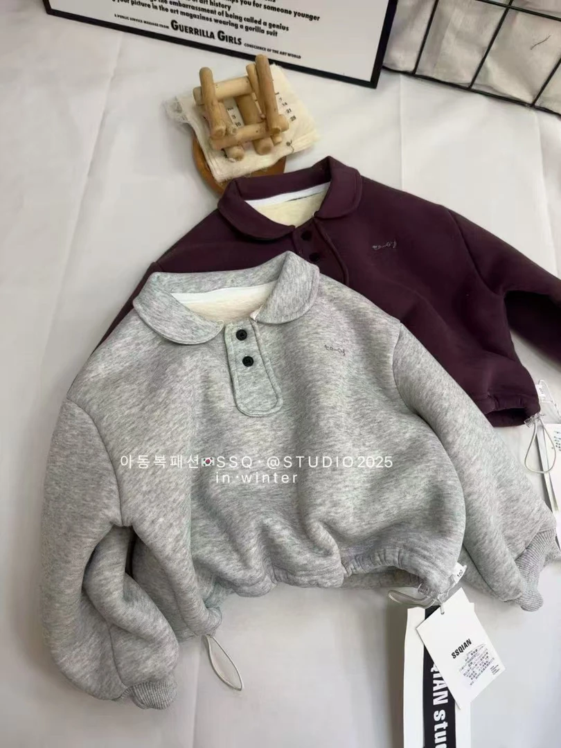 破价-大韩版超厚绒抽绳纽扣polo领卫衣