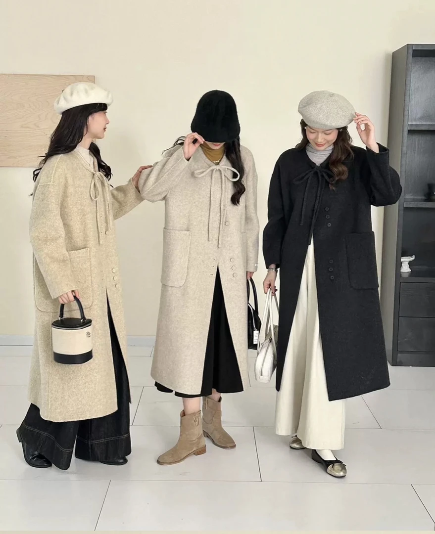 小7家——2025春秋冬减龄双面大衣圆领英伦风系带长款羊毛外套女