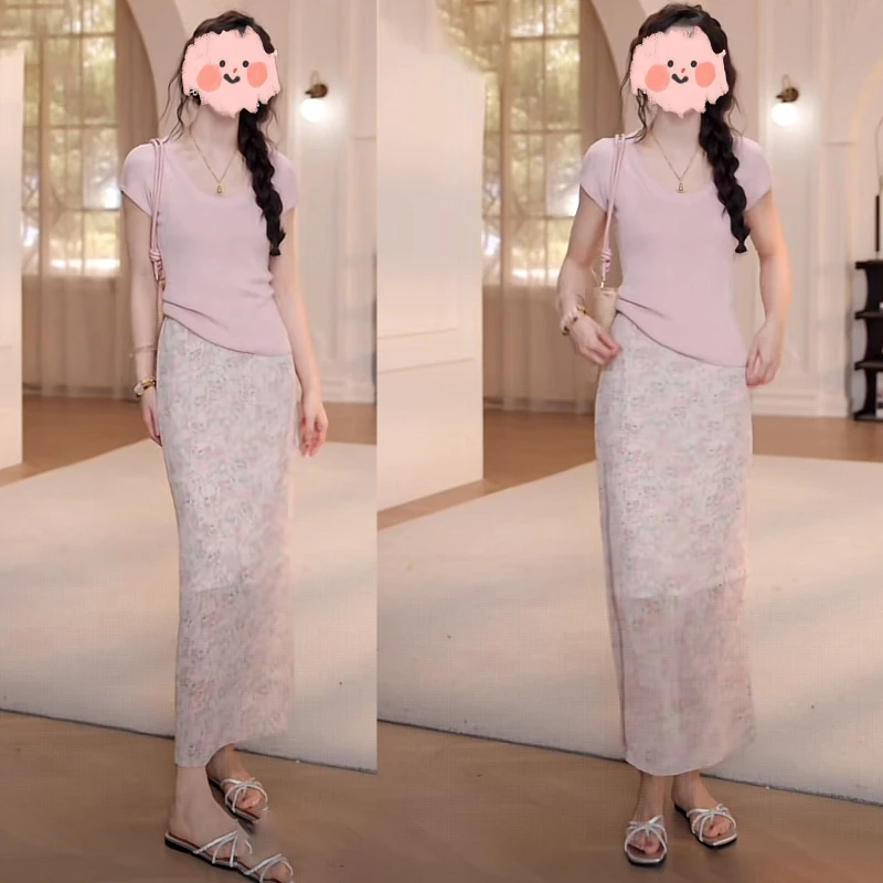 夏季百搭纯色U领针织短袖显瘦气质复古收腰松紧腰提花碎花半身裙