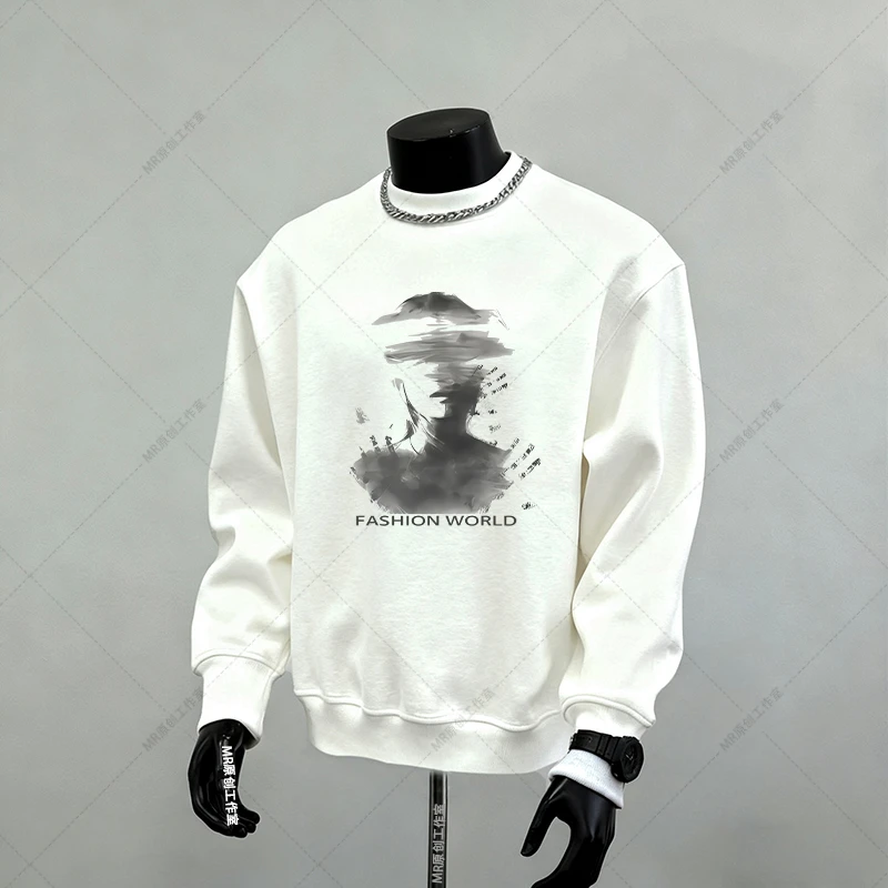 加绒卫衣美式潮牌圆领宽松套头加厚蒙眼人像印花冬季白色长袖外套