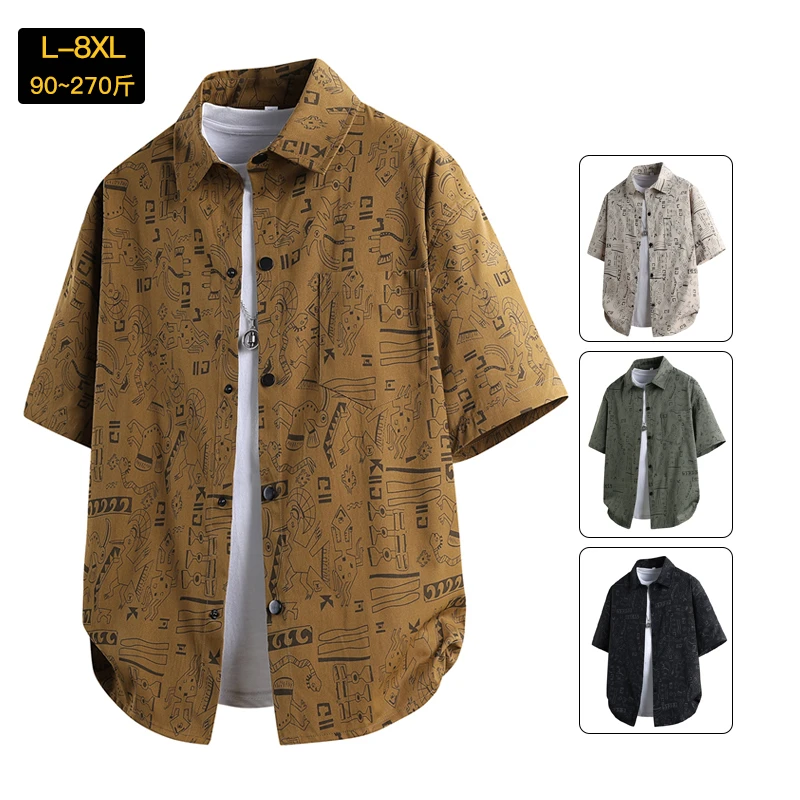 夏季胖子上衣男装衬衫潮流碎花薄款宽松透气衬衣休闲复古韩大码衫