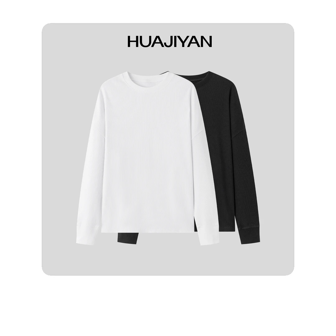 华吉言/HUAJIYAN【凹凸T】竹纤维棉混纺百搭舒适圆领长袖上衣