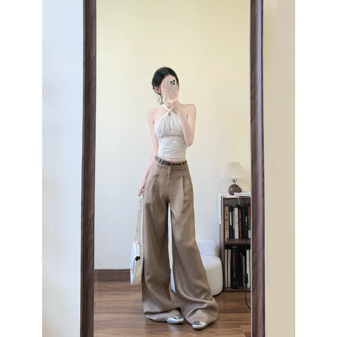 性感纯欲辣妹扭结挂脖吊带上衣高腰工装阔腿牛仔裤套装