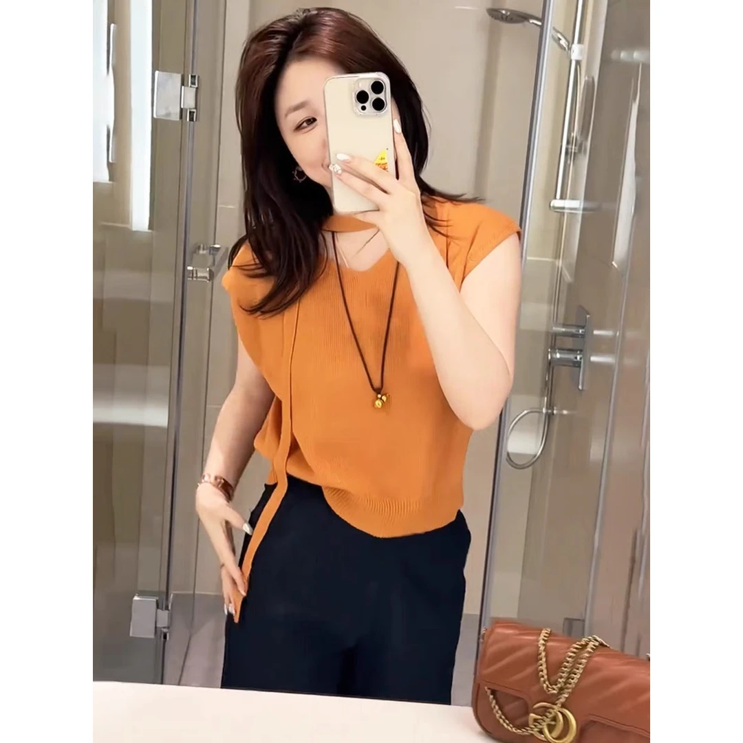 夏季飘带薄款冰丝小飞袖针织衫女2025新款夏季v领无袖上衣高级感