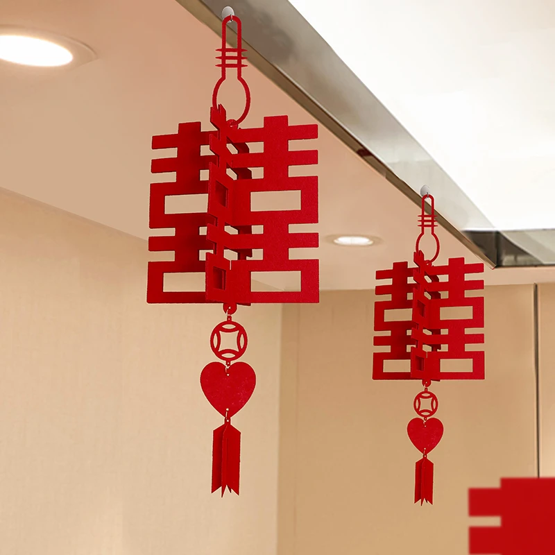 双面植绒大红喜字灯笼立体喜字挂件婚房布置客厅吊顶走廊结婚用品