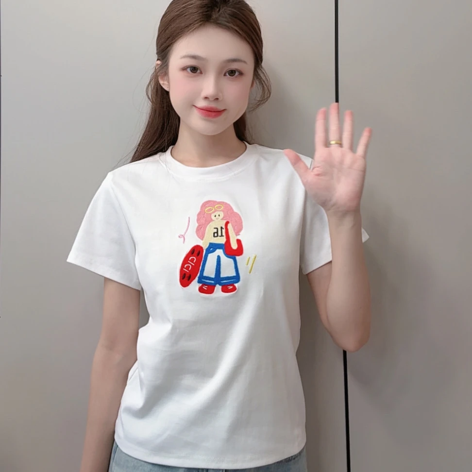 【小女孩刺绣】夏季新款时尚刺绣弹力棉透气百搭显瘦短袖T恤女休闲