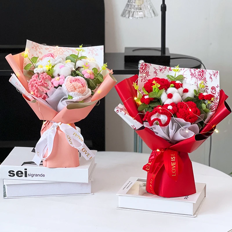 创意成品七夕手工针织玫瑰康乃馨花束毛线花情人节送女友朋友礼物