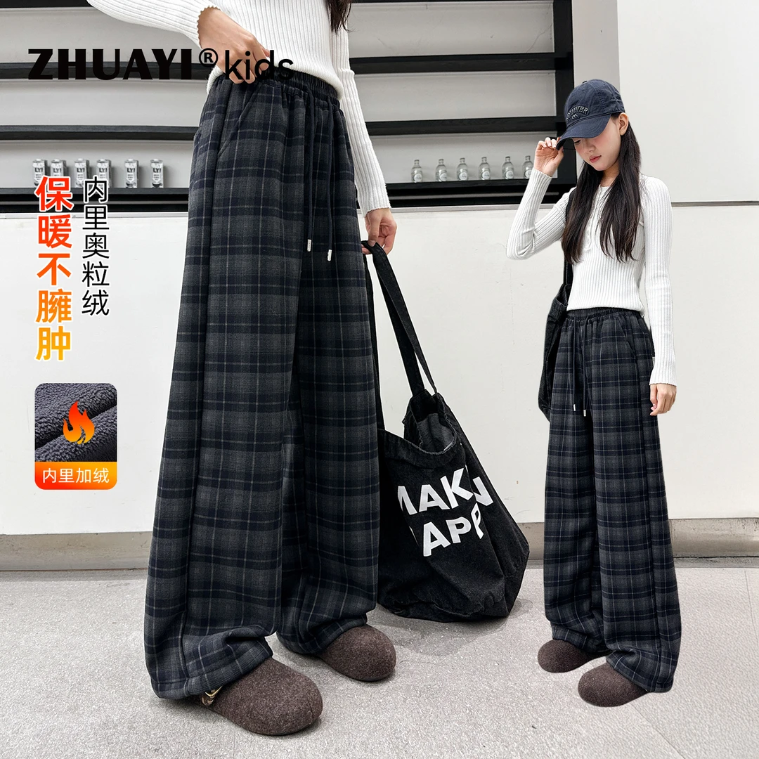 女童秋冬格纹加绒直筒裤加厚保暖格子一体绒休闲裤子（25409343）6