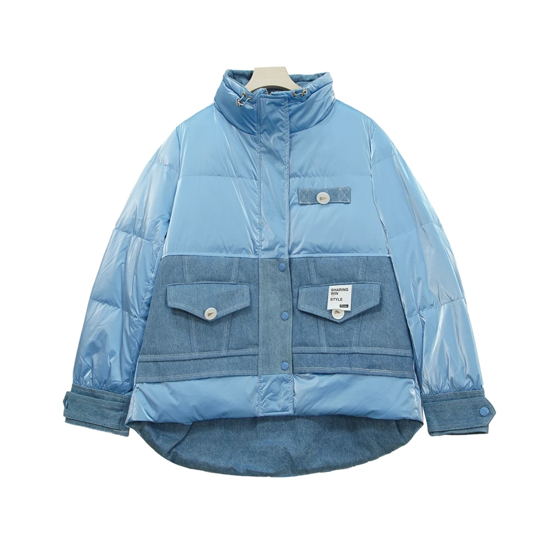 N057时尚蓝色立领拼接牛仔口袋百搭外套