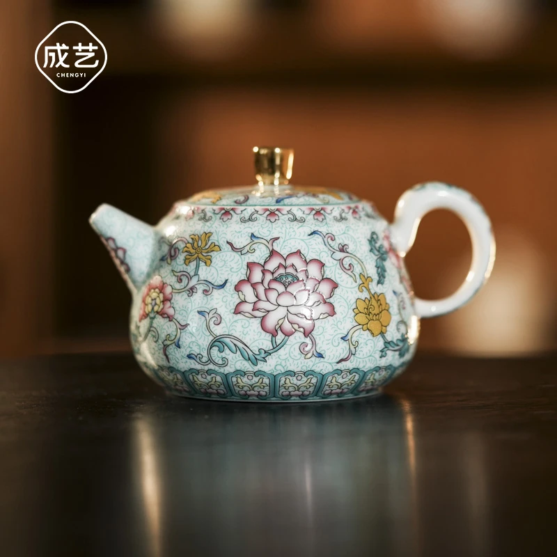 莲韵拓香壶描金高端陶瓷泡茶壶精美家用珐琅彩茶具