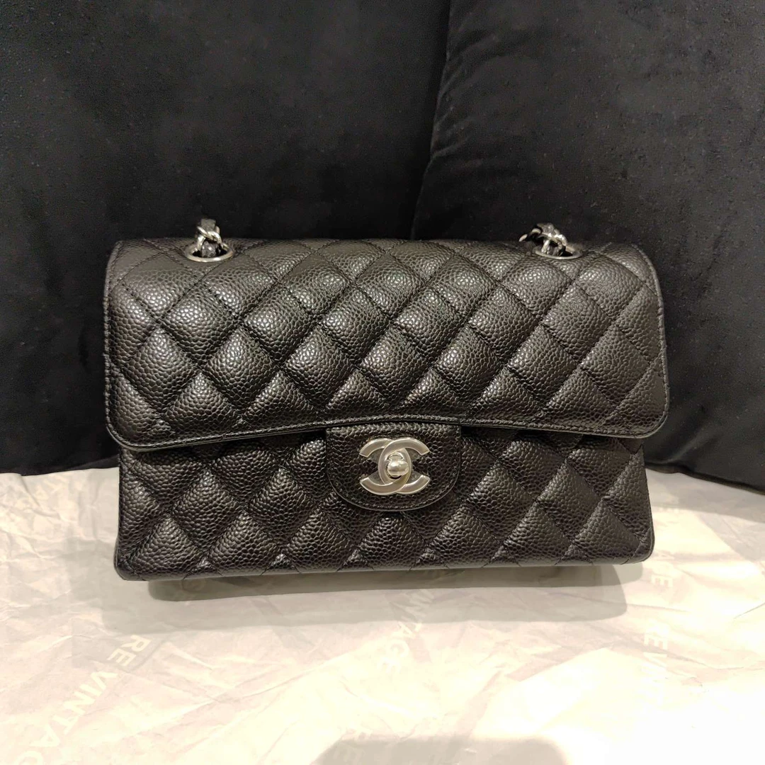 99新 Chanel/香奈儿 黑银荔枝牛CF小号单肩斜挎包