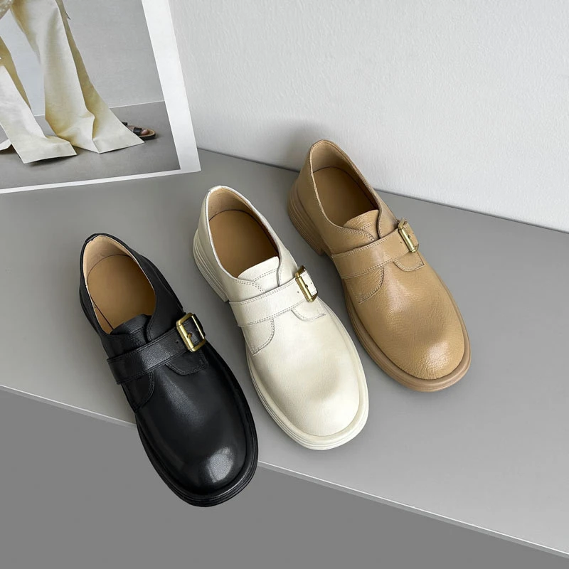 现货】FC822/3cm羊皮圆头乐福鞋女百搭真皮软底复古厚底英伦风平底