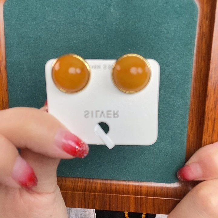 银S925镶嵌蜜蜡耳饰耳钉