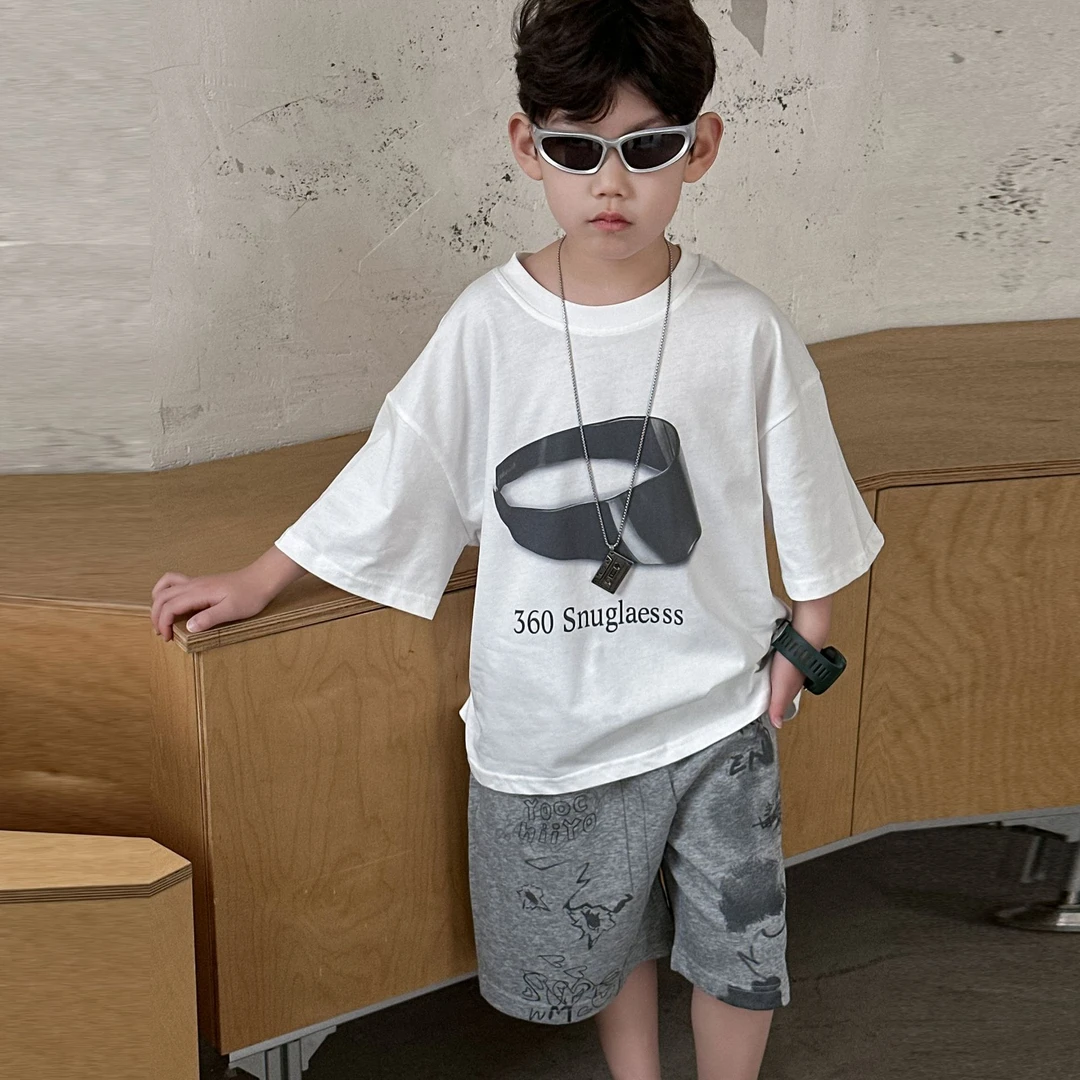 A.MU男童夏款纯棉短袖2025年新款儿童t恤宽松百搭男孩圆领中小童