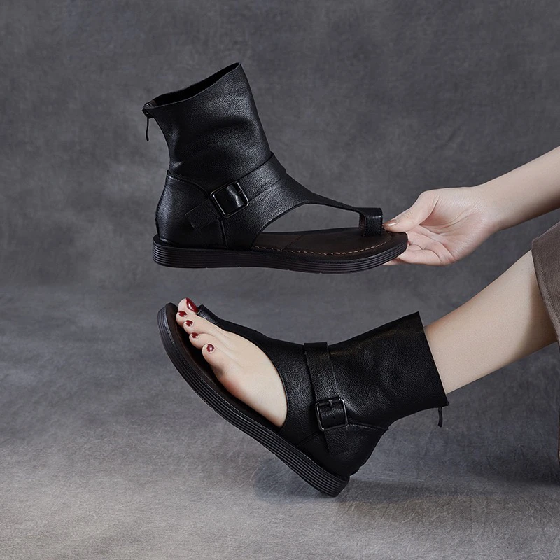 高级感真皮凉靴2025春夏新款套趾罗马凉鞋女头层牛皮镂空高筒靴子