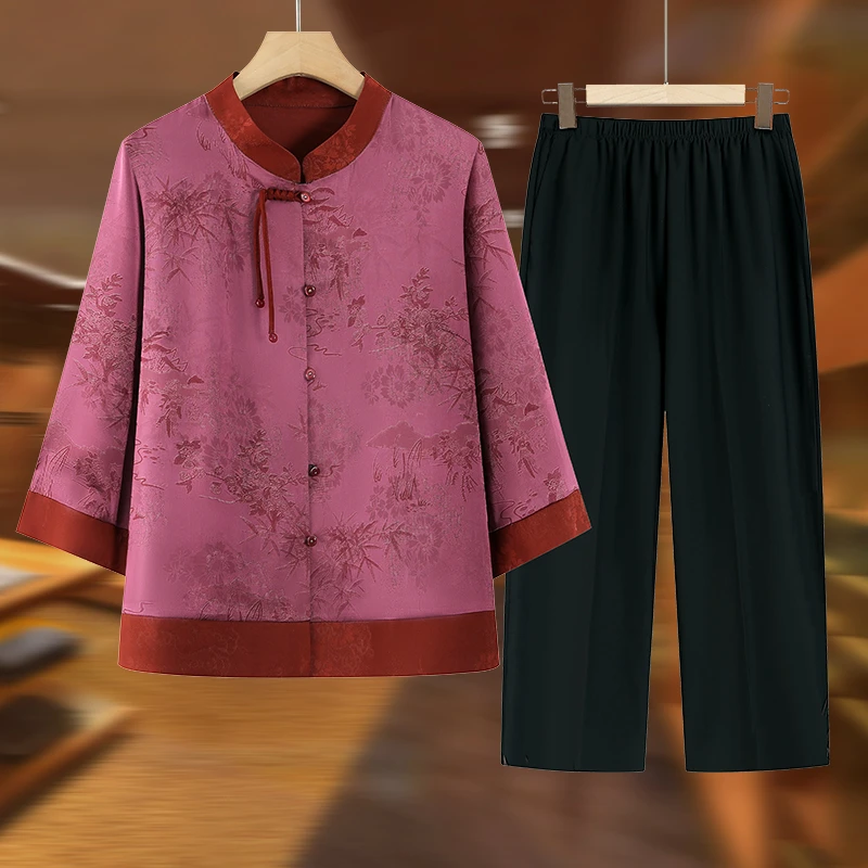 妈妈夏装新中式套装中老年女装国风衬衫奶奶装夏季中袖两件套洋气
