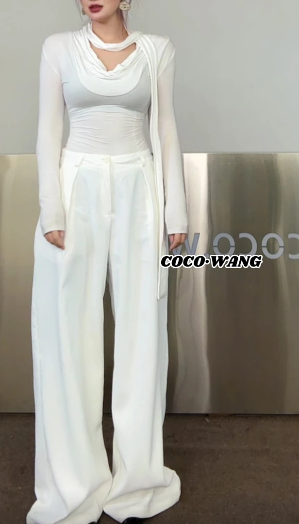 COCO Wang」高腰春夏款小众薄款纯色拖地裤外穿垂感阔腿西裤9061