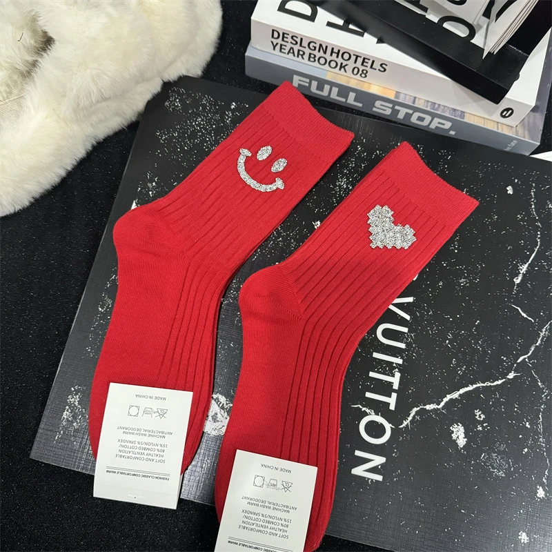 新年红袜子烫钻爱心笑脸饰品袜